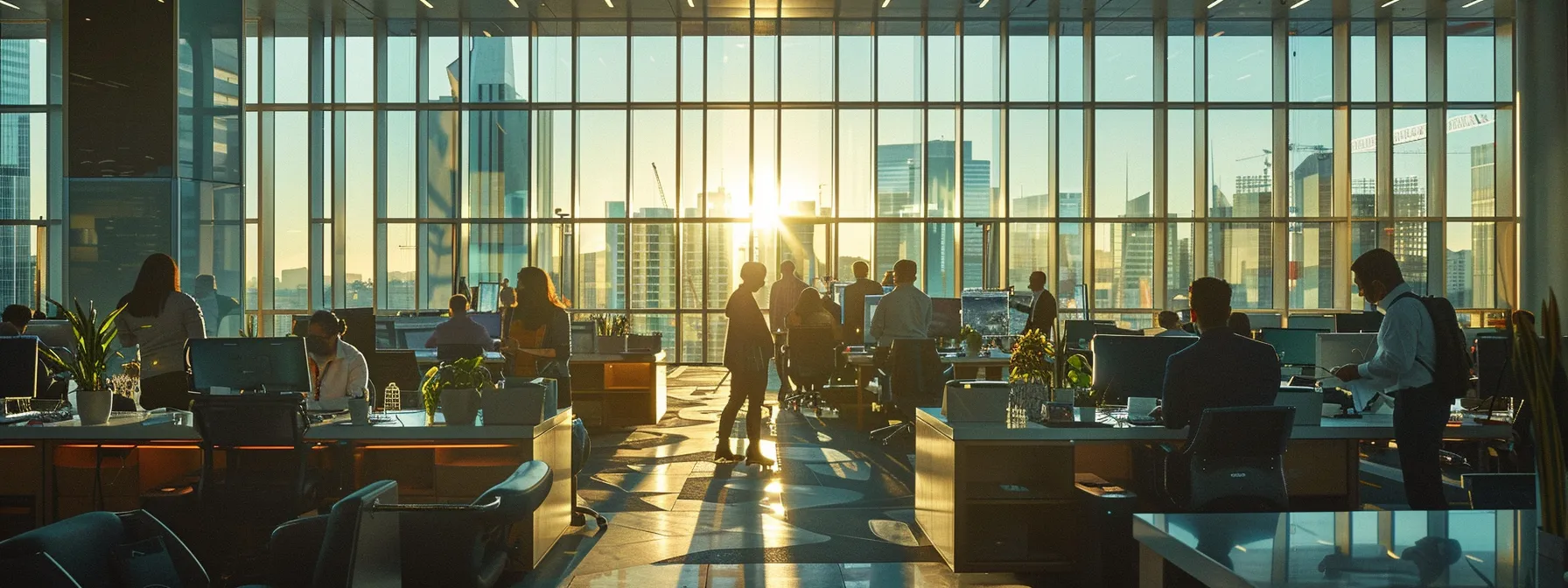 Office scene with people at desks, sunlight streaming through large windows, creating a bright and productive atmosphere.